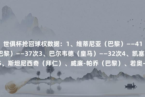 世俱杯抢回球权数据：1、维蒂尼亚（巴黎）——41次2、努诺-门德斯（巴黎）——37次3、巴尔韦德（皇马）——32次4、凯塞多（切尔西）——29次5、斯坦尼西奇（拜仁）、威廉-帕乔（巴黎）、若奥-内维斯（巴黎）——28次8、基米希（拜仁）、阿里亚斯（弗鲁米嫩塞）——26次10、罗尔丹（西雅图海湾东谈主）——25次    体育录像/图片